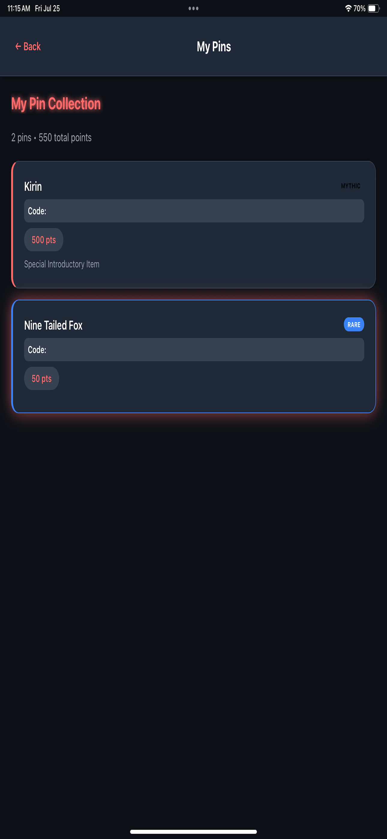 Pin Collection Screen